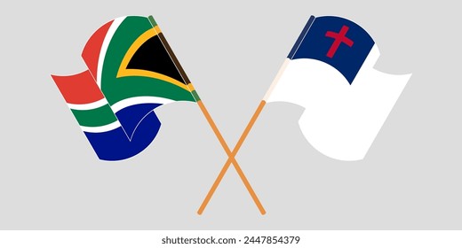 Crossed and waving flags of South Africa and christianity. Vector illustration
