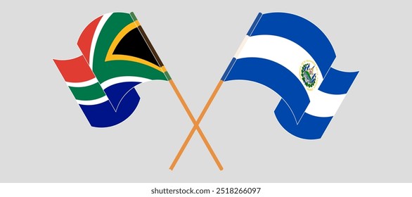 Bandeiras cruzadas e acenando da África do Sul e República de El Salvador. Ilustração vetorial.
