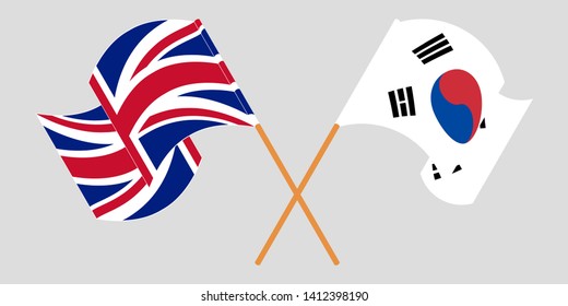 Crossed and waving flags of South Korea and the UK