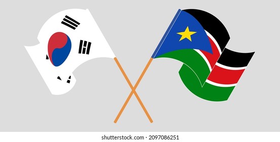 Crossed and waving flags of South Korea and South Sudan. Vector illustration
