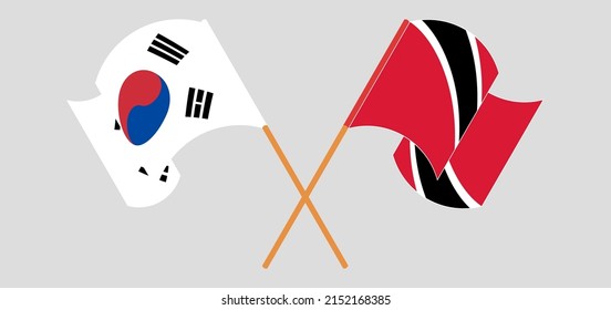 Crossed and waving flags of South Korea and Trinidad and Tobago. Vector illustration
