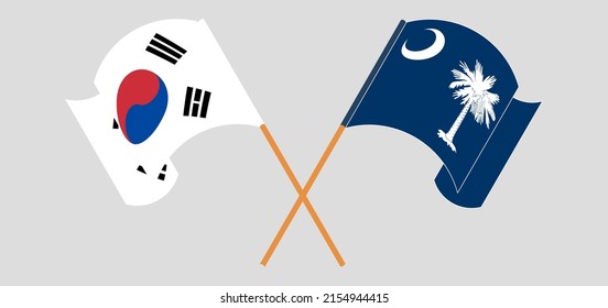 Crossed and waving flags of South Korea and The State of South Carolina. Vector illustration
