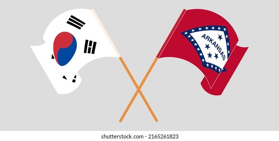 Crossed and waving flags of South Korea and The State of Arkansas. Vector illustration