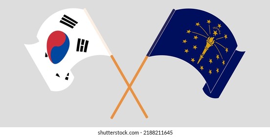 Crossed and waving flags of South Korea and the State of Indiana. Vector illustration
