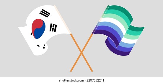 Crossed and waving flags of South Korea and gay men pride. Vector illustration
