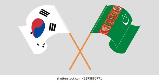 Crossed and waving flags of South Korea and Turkmenistan. Vector illustration
