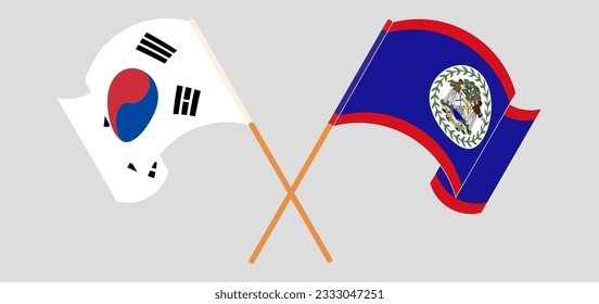 Crossed and waving flags of South Korea and Belize. Vector illustration
