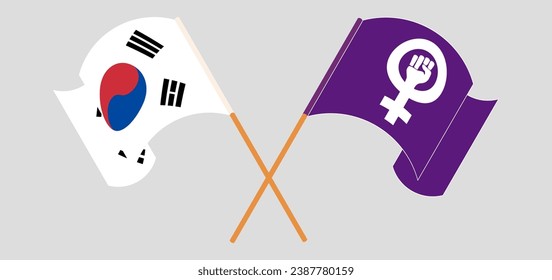 Crossed and waving flags of South Korea and Feminism. Vector illustration
