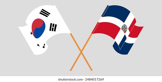 Crossed and waving flags of South Korea and Dominican Republic. Vector illustration
