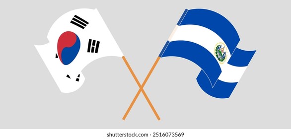 Crossed and waving flags of South Korea and Republic of El Salvador. Vector illustration.
