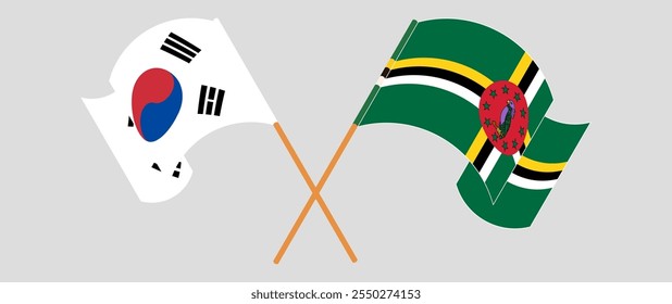 Crossed and waving flags of South Korea and Dominica. Vector illustration.
