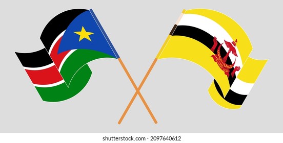 Crossed and waving flags of South Sudan and Brunei. Vector illustration

