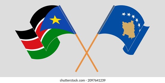 Crossed and waving flags of South Sudan and Kosovo. Vector illustration
