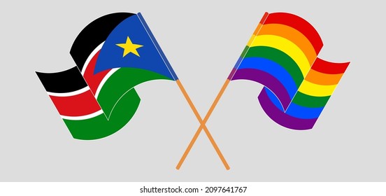 Crossed and waving flags of South Sudan and LGBTQ. Vector illustration
