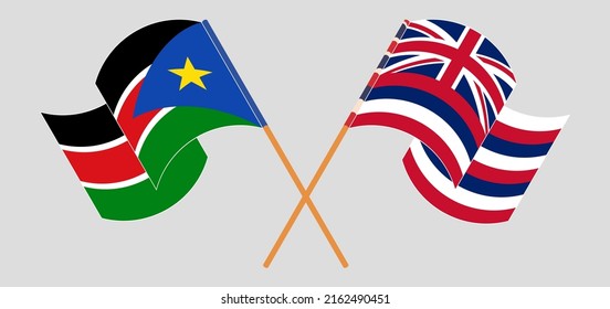 Crossed and waving flags of South Sudan and The State Of Hawaii. Vector illustration
