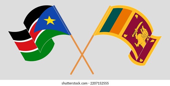 Crossed and waving flags of South Sudan and Sri Lanka. Vector illustration
