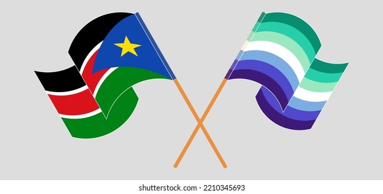 Crossed and waving flags of South Sudan and gay men pride. Vector illustration
