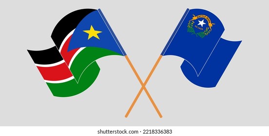 Crossed and waving flags of South Sudan and The State of Nevada. Vector illustration

