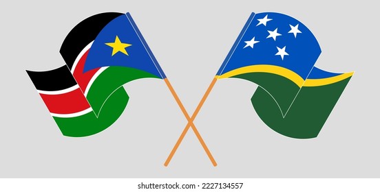 Crossed and waving flags of South Sudan and Solomon Islands. Vector illustration
