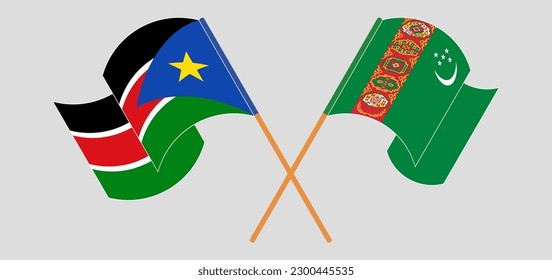 Crossed and waving flags of South Sudan and Turkmenistan. Vector illustration
