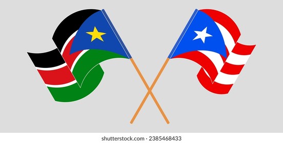 Crossed and waving flags of South Sudan and Puerto Rico. Vector illustration
