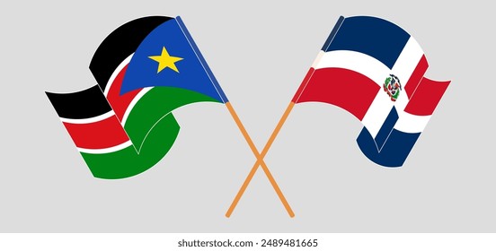 Crossed and waving flags of South Sudan and Dominican Republic. Vector illustration
