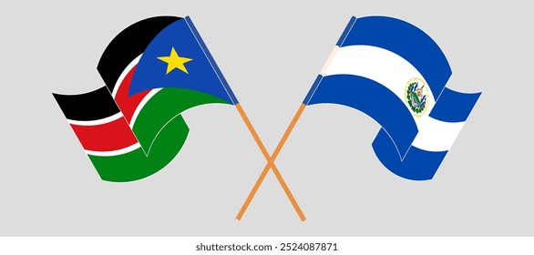 Crossed and waving flags of South Sudan and Republic of El Salvador. Vector illustration.
