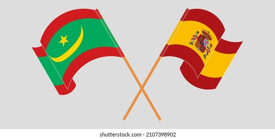 Crossed and waving flags of Spain and Mauritania. Vector illustration
