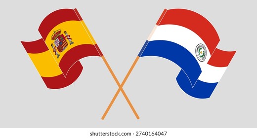 Crossed and waving flags of Spain and Republic of Paraguay. Vector illustration.

