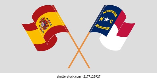 Crossed and waving flags of Spain and The State of North Carolina. Vector illustration
