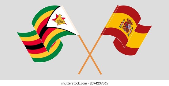 Crossed and waving flags of Spain and Zimbabwe. Vector illustration
