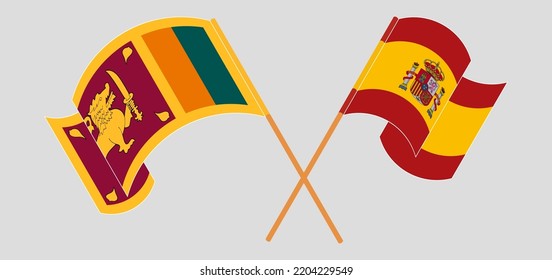 Crossed and waving flags of Sri Lanka and Spain. Vector illustration

