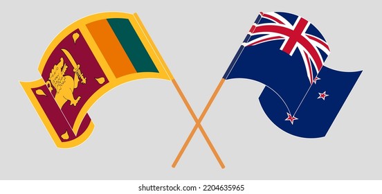 Crossed and waving flags of Sri Lanka and New Zealand. Vector illustration
