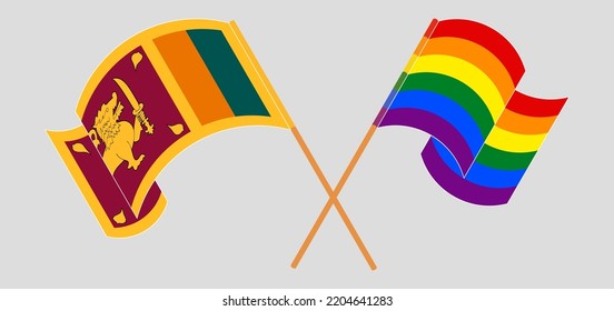 Crossed and waving flags of Sri Lanka and LGBTQ. Vector illustration
