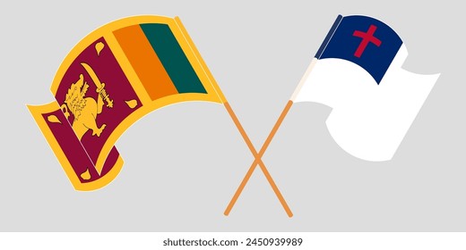Cruzadas y ondeando banderas de Sri Lanka y el cristianismo. Ilustración vectorial
