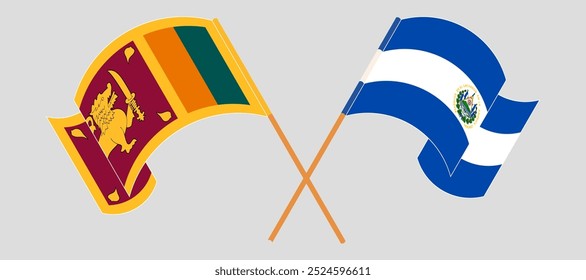 Crossed and waving flags of Sri Lanka and Republic of El Salvador. Vector illustration.
