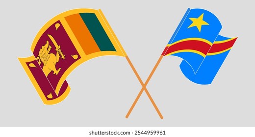 Crossed and waving flags of Sri Lanka and Democratic Republic of the Congo. Vector illustration.
