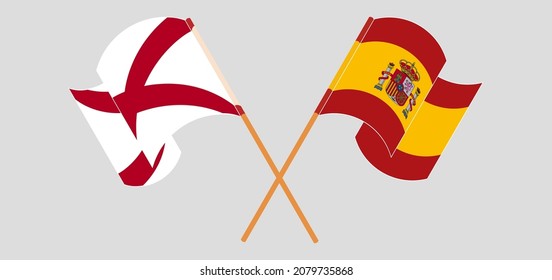Crossed and waving flags of The State of Alabama and Spain. Vector illustration

