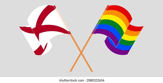 Crossed and waving flags of The State of Alabama and LGBTQ. Vector illustration
