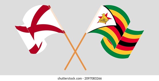 Crossed and waving flags of The State of Alabama and Zimbabwe. Vector illustration
