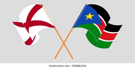 Crossed and waving flags of The State of Alabama and South Sudan. Vector illustration
