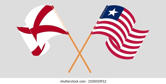 Crossed and waving flags of The State of Alabama and Liberia. Vector illustration
