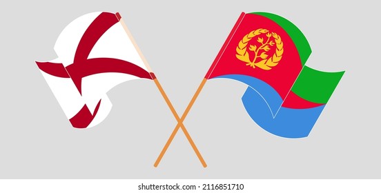 Crossed and waving flags of The State of Alabama and Eritrea. Vector illustration
