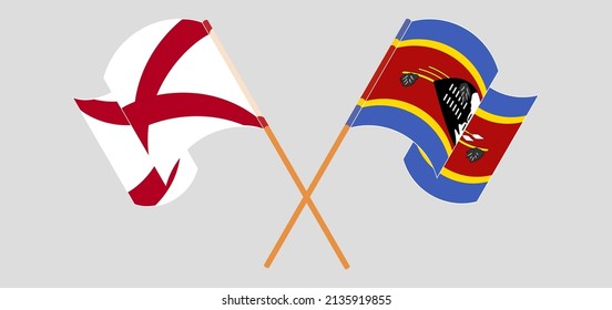 Crossed and waving flags of The State of Alabama and Eswatini. Vector illustration
