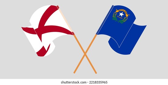 Crossed and waving flags of The State of Alabama and The State of Nevada. Vector illustration
