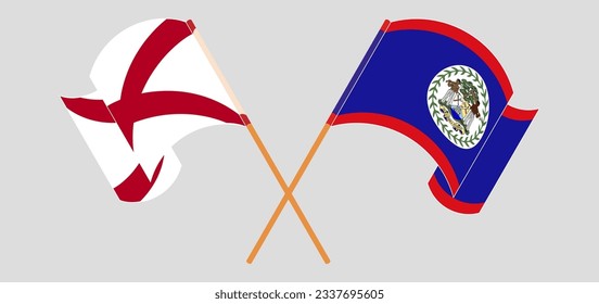 Crossed and waving flags of The State of Alabama and Belize. Vector illustration
