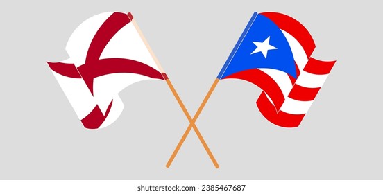 Crossed and waving flags of The State of Alabama and Puerto Rico. Vector illustration
