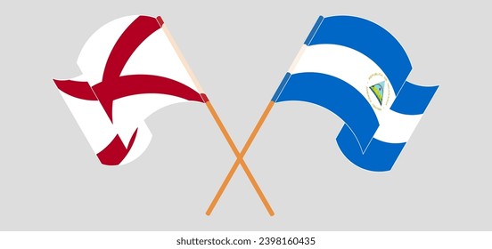 Crossed and waving flags of The State of Alabama and Nicaragua. Vector illustration
