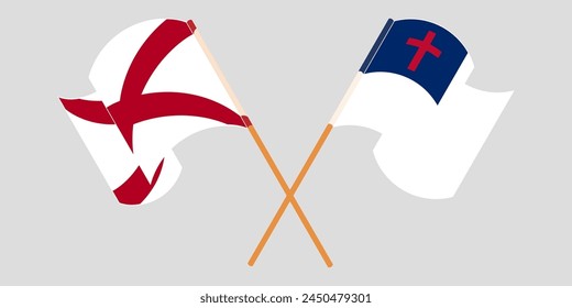 Crossed and waving flags of The State of Alabama and christianity. Vector illustration
