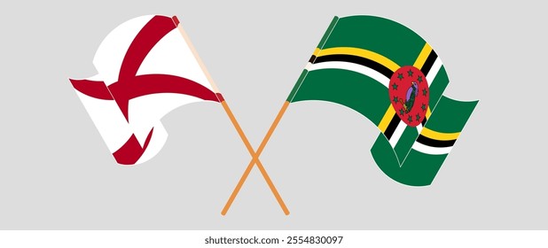 Crossed and waving flags of The State of Alabama and Dominica. Vector illustration.
